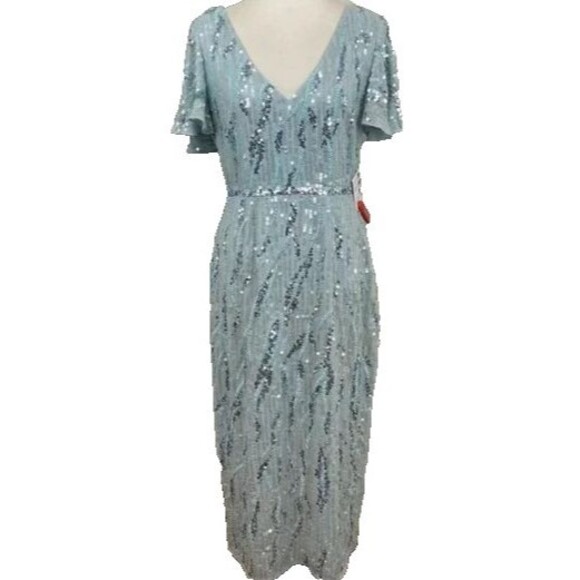 MAC DUGGAL 93591 SEQUINED V-NECK FLUTTER SLEEVE TEA LENGTH POWDER BULE GOWN 18 - Picture 3 of 9